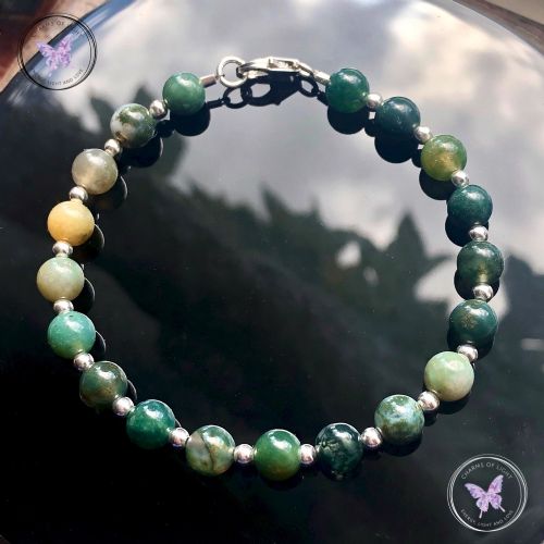 Moss Agate Silver Bead Bracelet